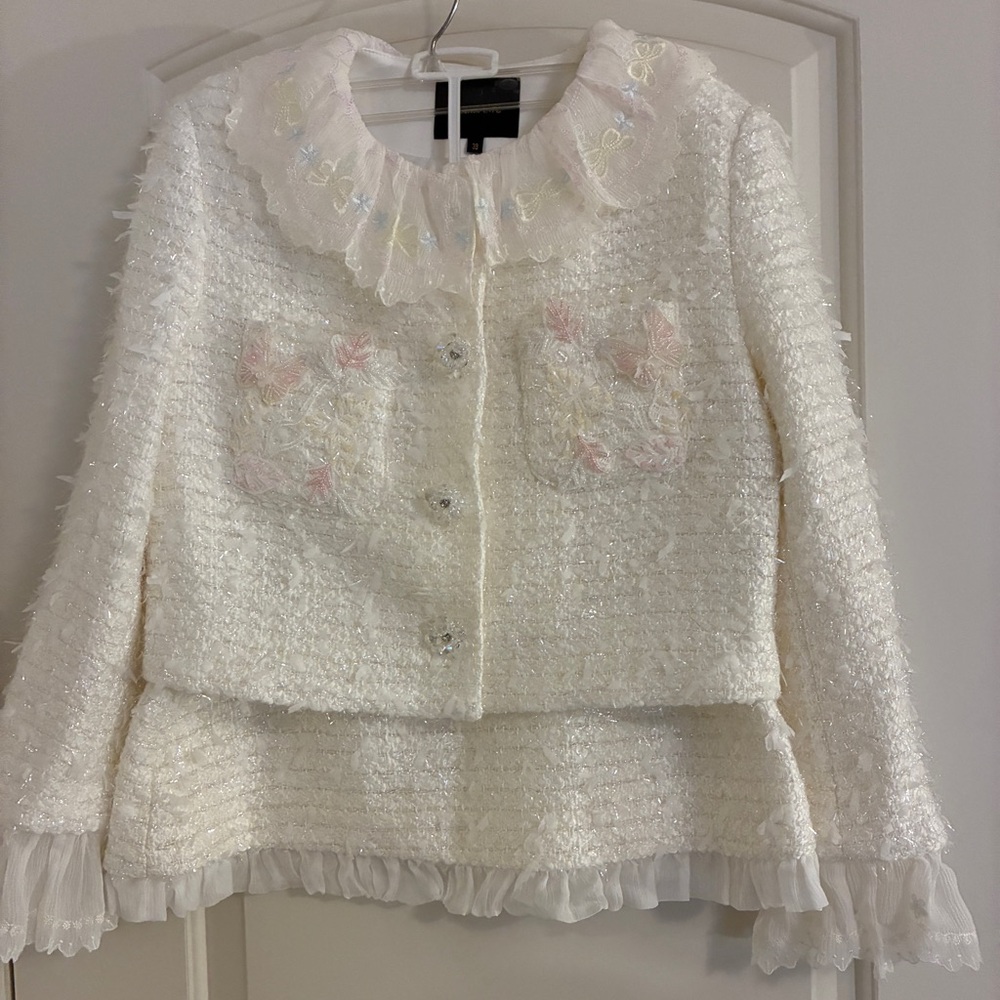 Elegant White Textured Matching Jacket and Skirt Set with Ruffle Details